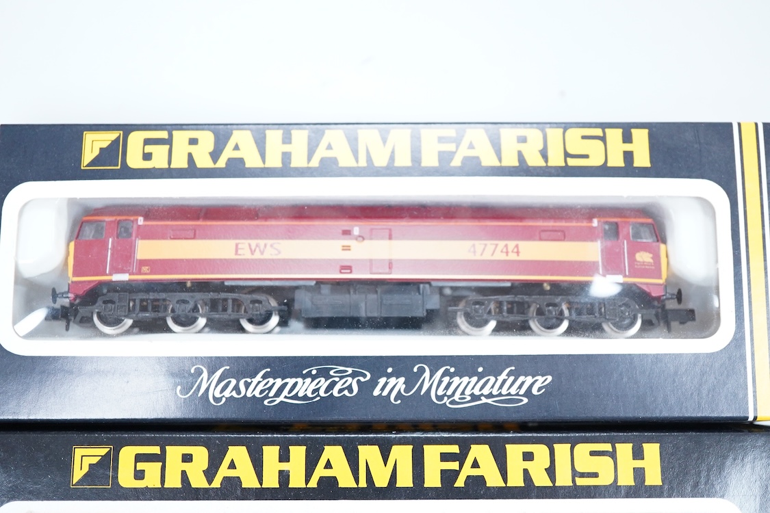 Four boxed Graham Farish N gauge railway Class 47 diesel locomotives; a BR, County of Hertfordshire 47 583 (8007), a BR, Isambard Kingdom Brunel D1662 (8004), an EWS, 47744, (802C) and a ScotRail, Waverley 47708 (8001).